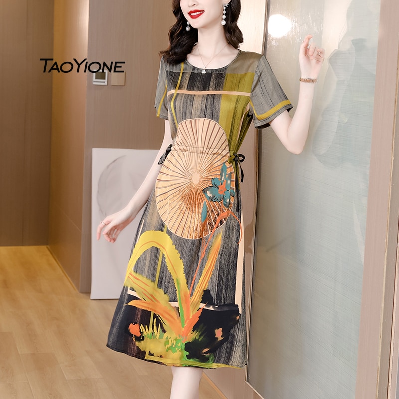 Summer Vintage Print Silk Dress Women Short Sleeve Beach Party Dresses For Women 2023 Korean Midi Sundress Women Casual Vestidos