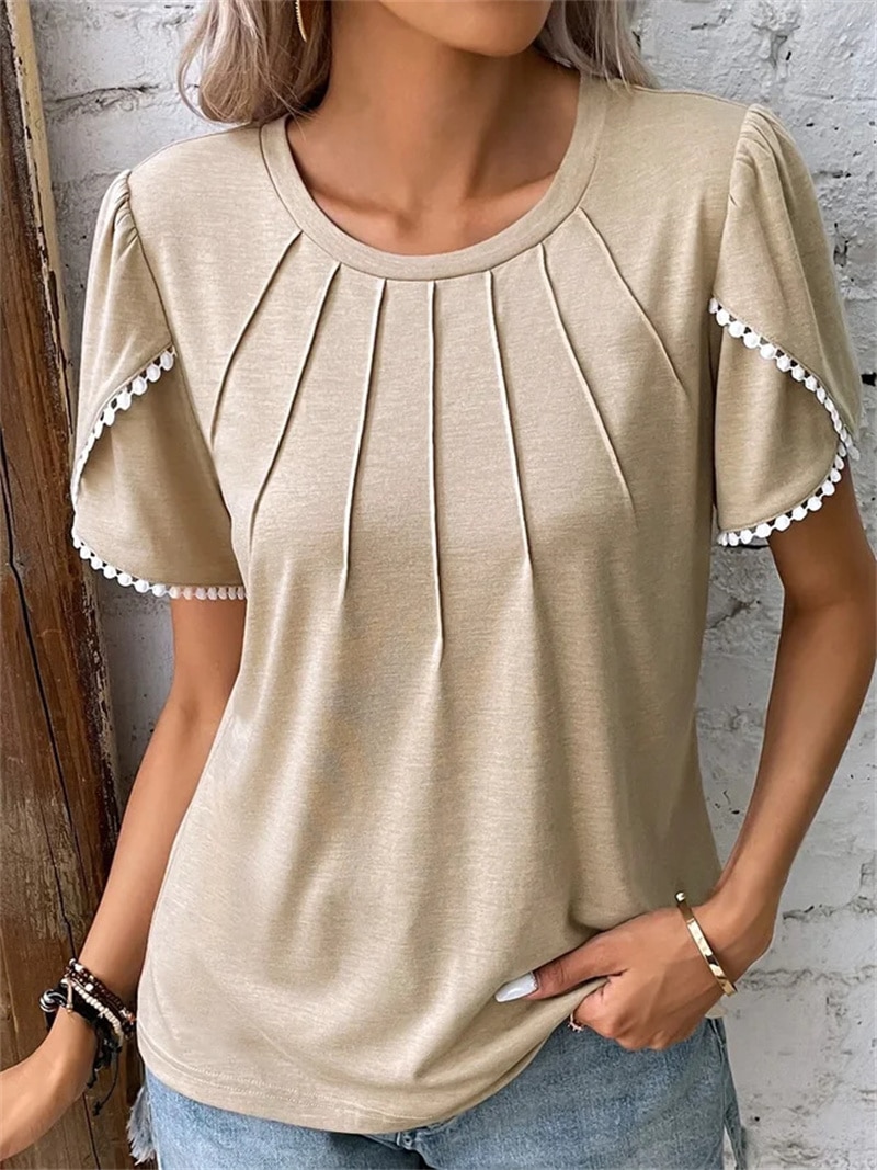 Elegant Pressed Pleats Short Sleeve T-Shirt Female Summer Casual Solid Color Lace Splicing O Neck Tees Women's Commuter Tops 5XL